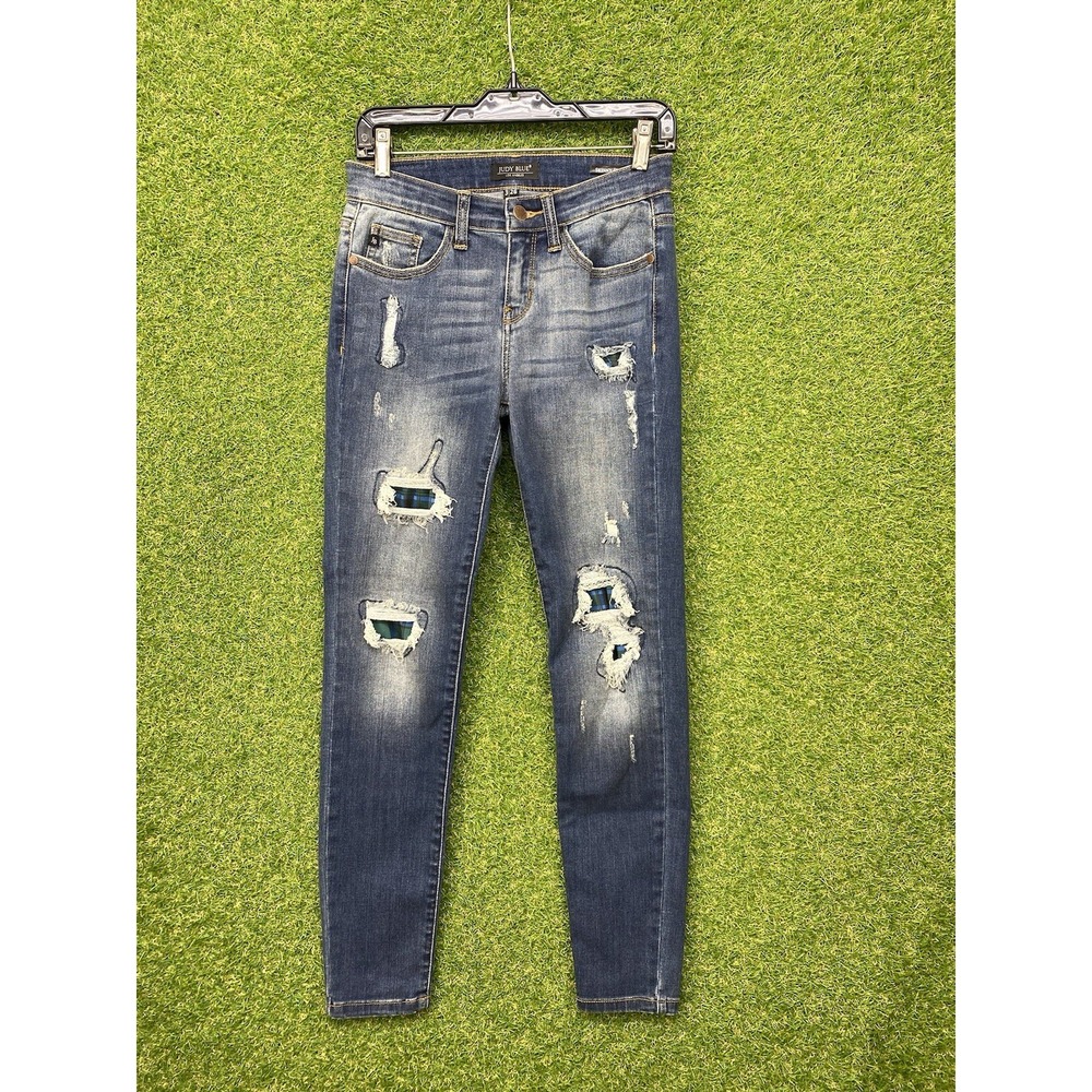Judy Blue Jeans Womens 3/26 Skinny Fit Stretch Distressed Flannel Patch 26x28